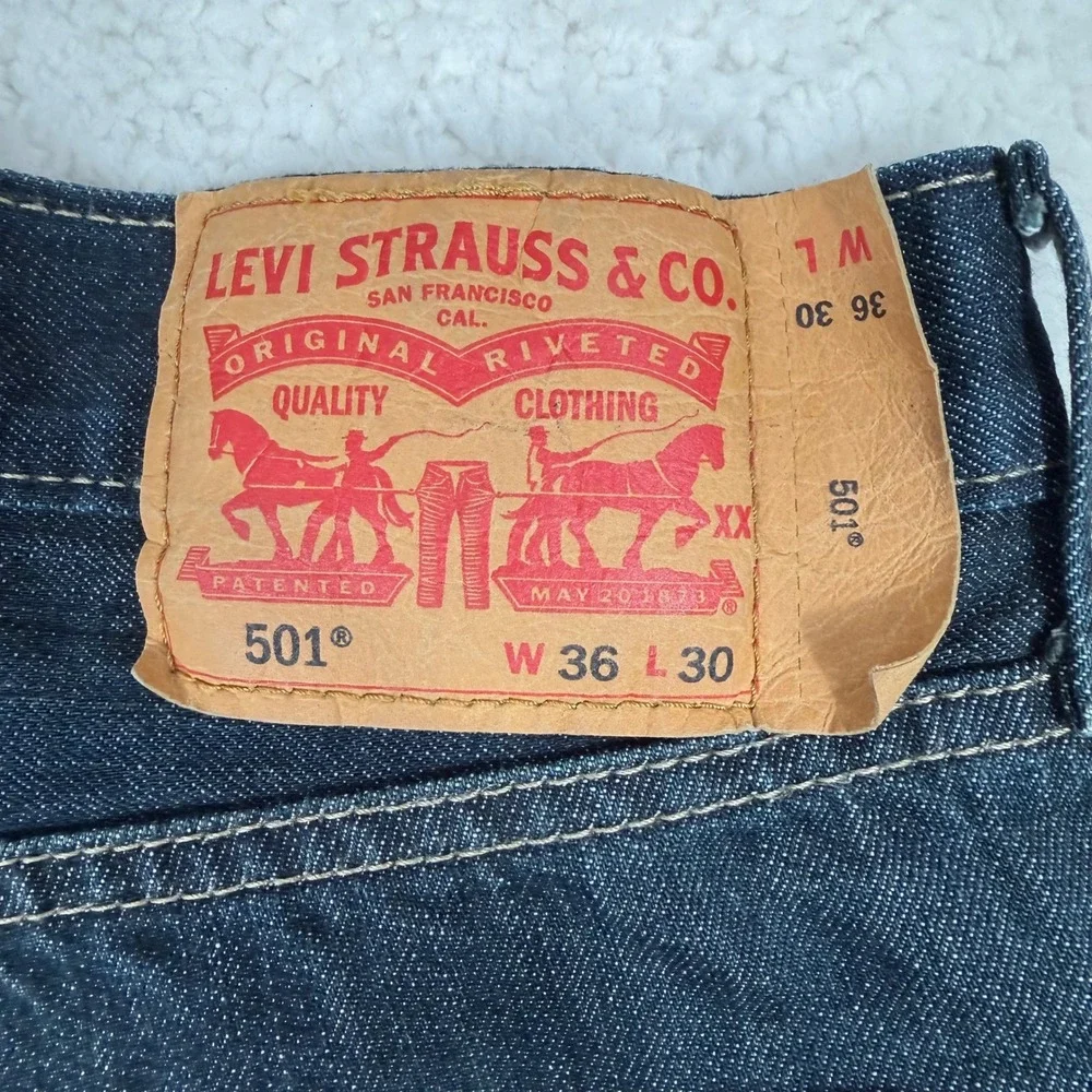 Levis 501 36x28 Original Fit Dark Wash Straight Leg Button Fly Jeans